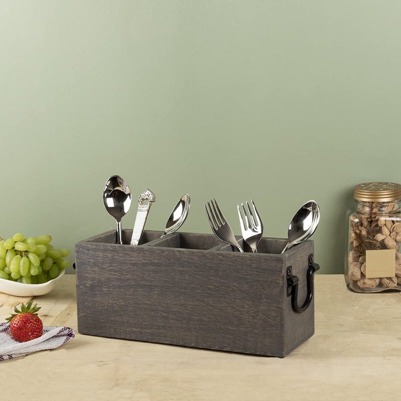 GoCraft 3 Compartment Flatware Caddy, Cutlery Utensil Holder, Organizer Caddy Box For Cooking, Silverware, Flatware, Sauce Spoon, Tongs, and More, Grey Washed Mango Wood Caddy with Metal Handles - Image 4